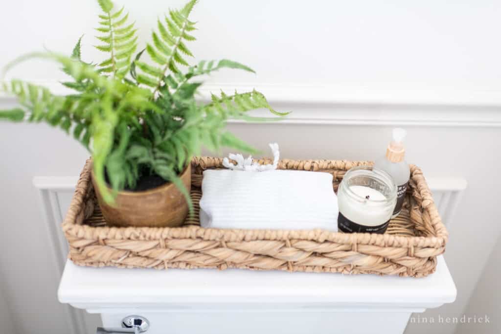 Storage basket idea for the back of a toilet seat in a small bathroom