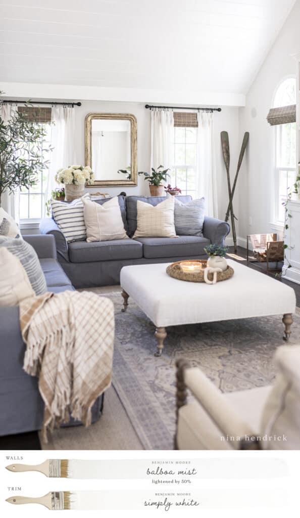 Family room painted Balboa Mist with Simply White trim and built-ins