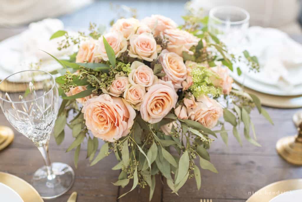 Blush Valentine's Day centerpiece with garden roses