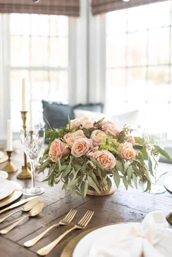 Gold & Blush cascading flower arrangement centerpiece