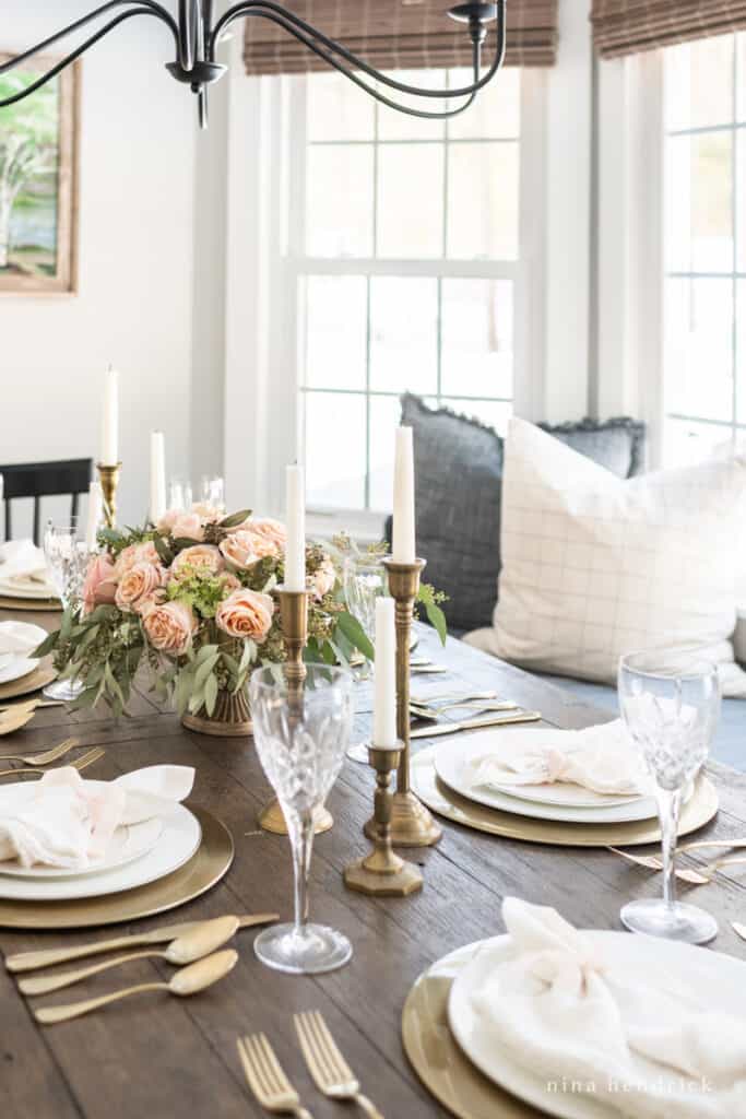 Gold & Blush Valentine's Day tablescape in a sunny room