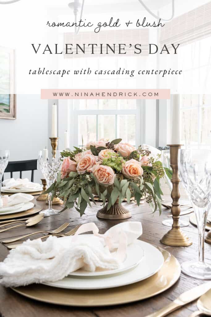 Romantic gold & blush Valentine's Day tablescape with cascading centerpiece