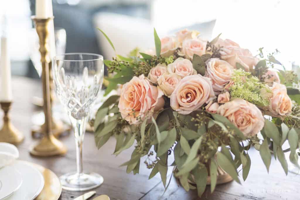 Blush cascading floral arrangment with seeded eucalyptus