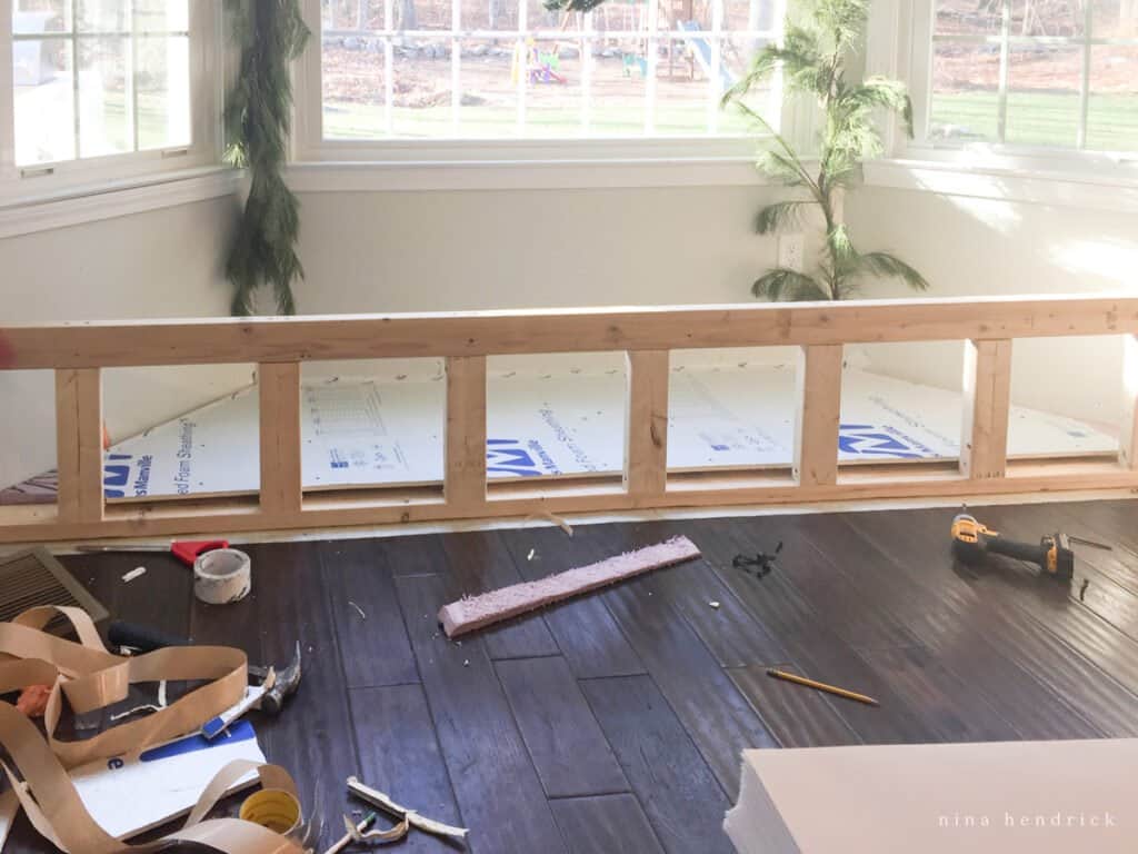 the front framing wall of the bay window bench