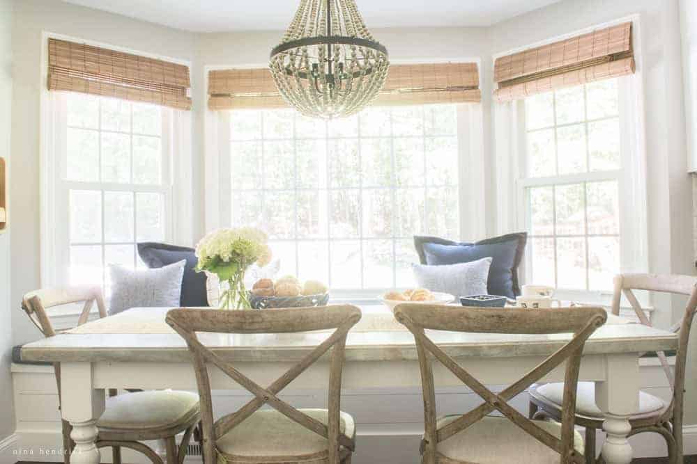 Image of breakfast nook with dining table chairs and bay window