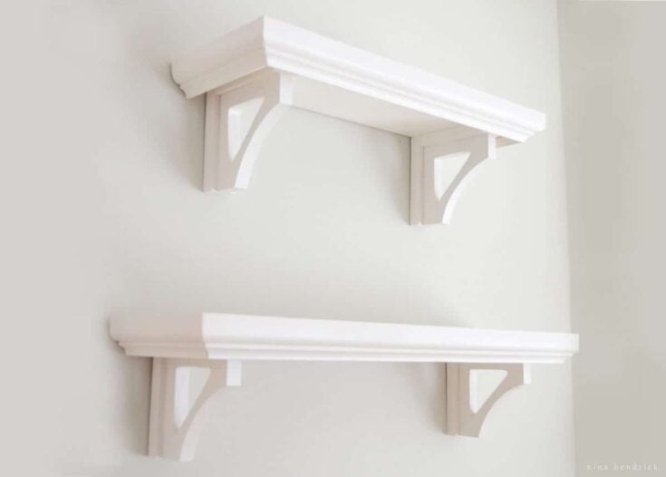 White Cafe Shelves with brackets on a Benjamin Moore Gray Owl wall