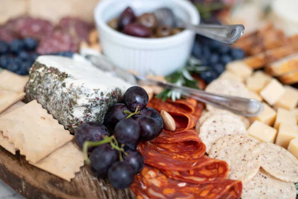 Close up of the different parts of a charcuterie board