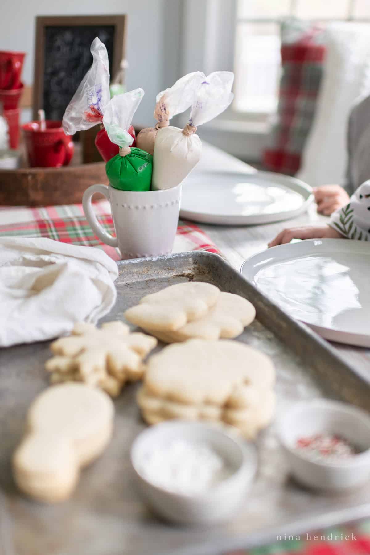 Cookies on a tray with icing and other decorations