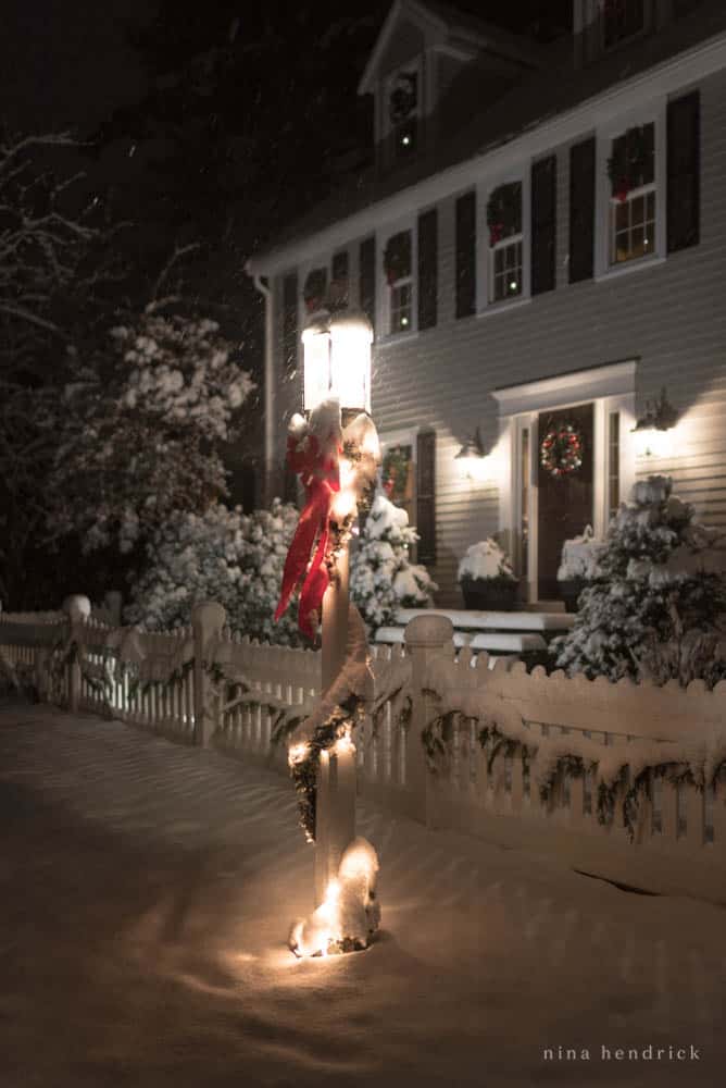 Lantern decorated for Christmas with garland 