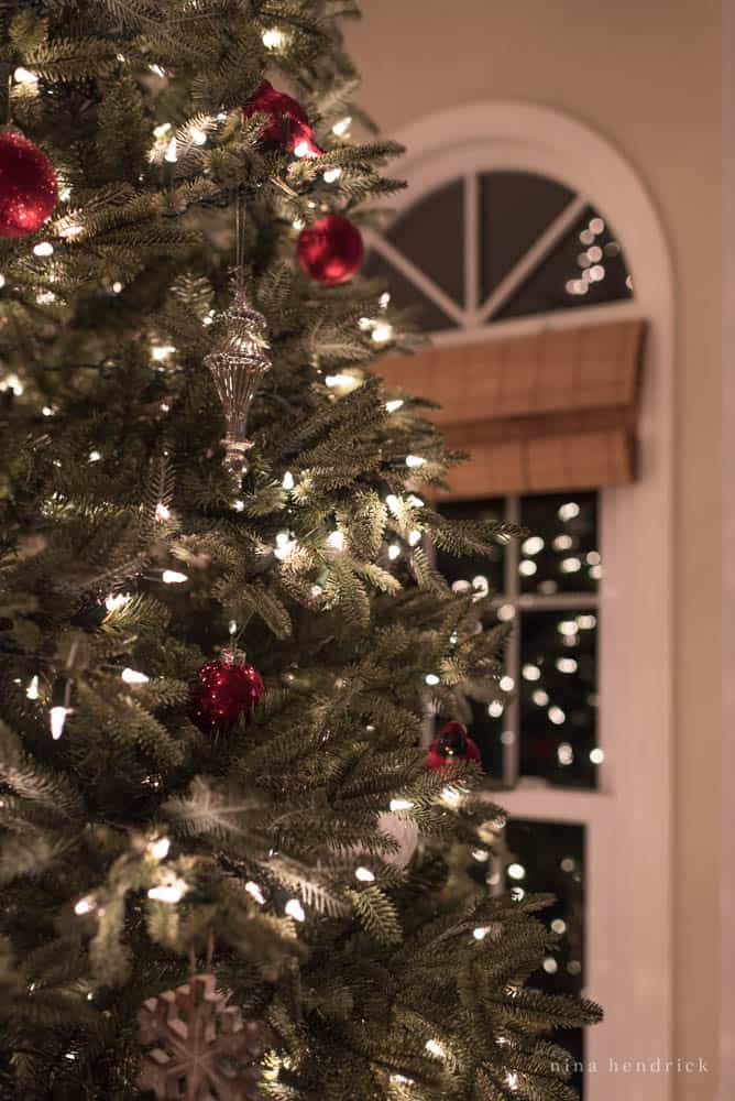 Christmas lights and ornaments on Christmas tree