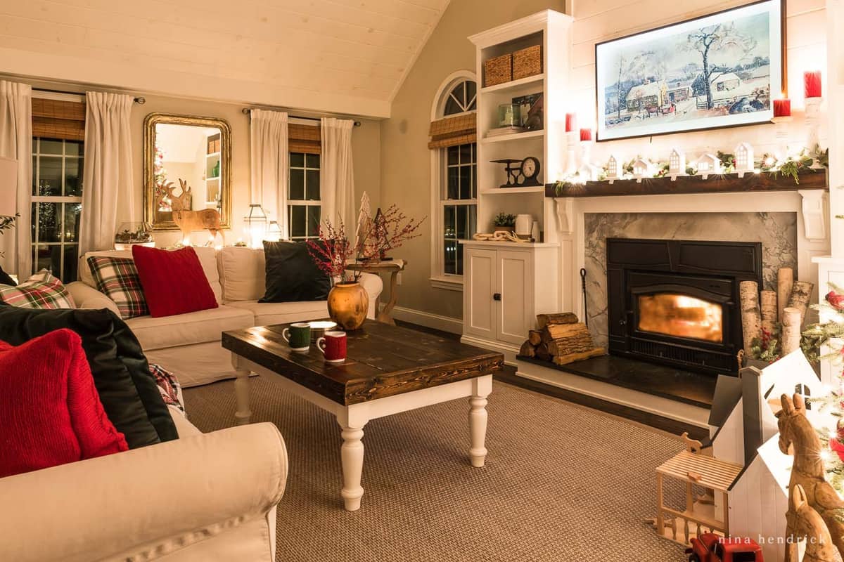 Landscape shot of a family room decorated for Christmas at Night