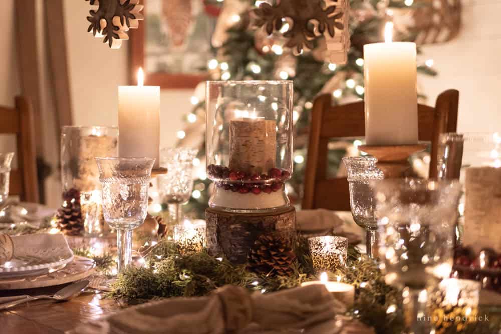 Christmas tablescape centerpiece with lights and candles