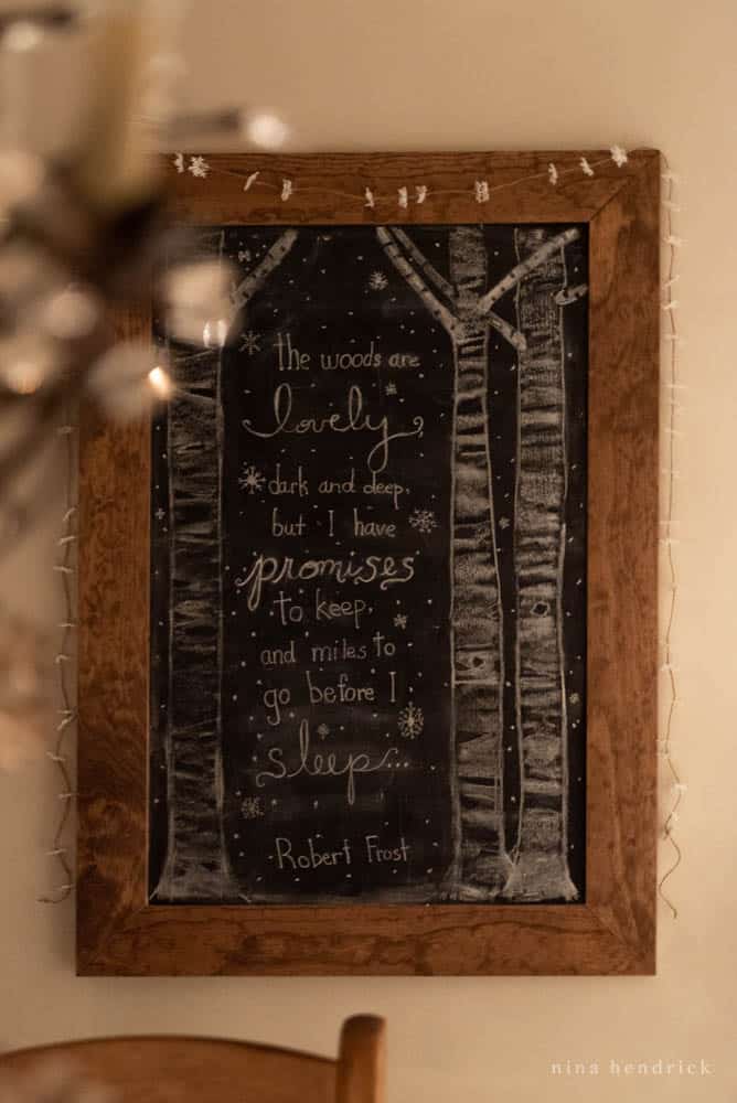 Robert Frost Stopping by Woods on a Snowy Evening rustic Chalkboard art with birch trees