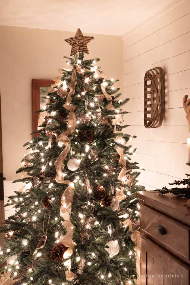 Christmas tree lights at night with pinecones and rustic ornaments