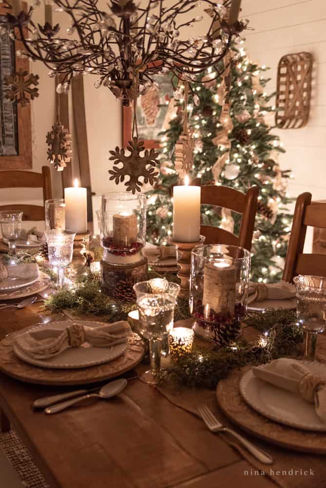 New England inspired Christmas tablescape with lights at night