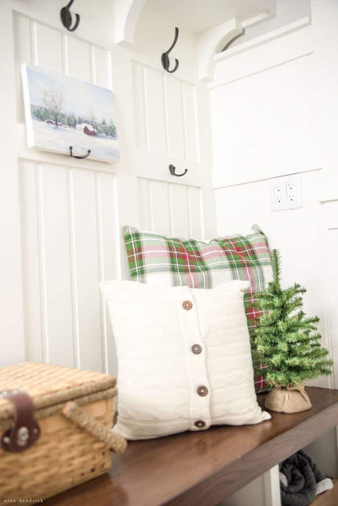 Classic christmas pillows in the mudroom