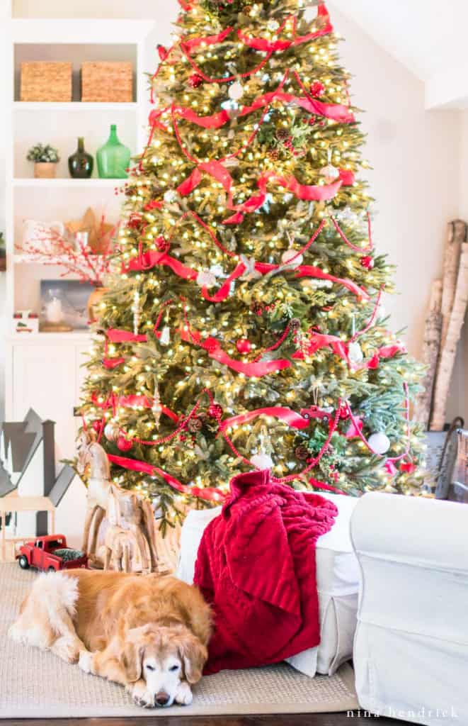 Traditional Christmas Tree Decorations with Golden Retriever