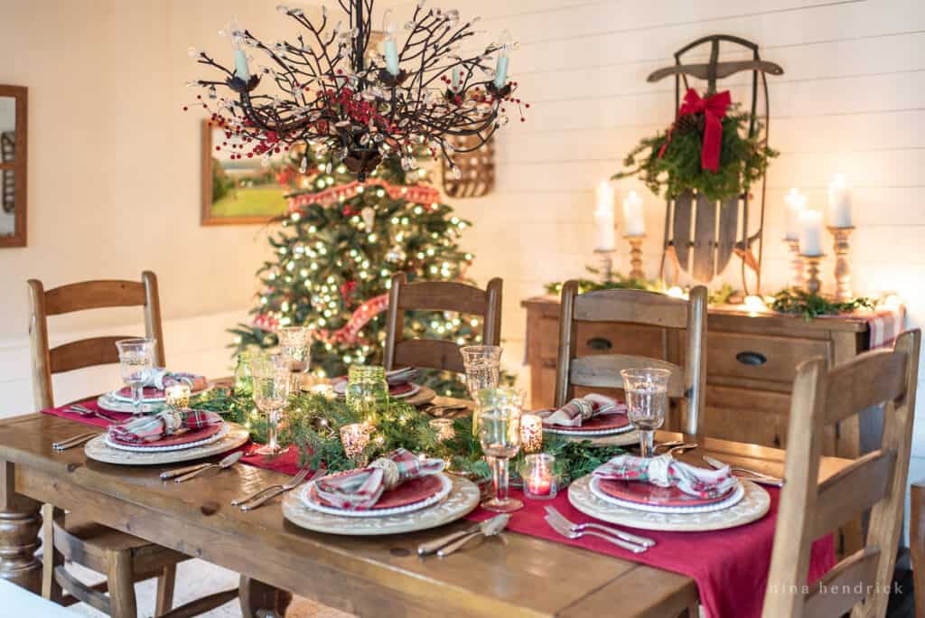 Dining room with Classic red, white, and green Christmas decorations