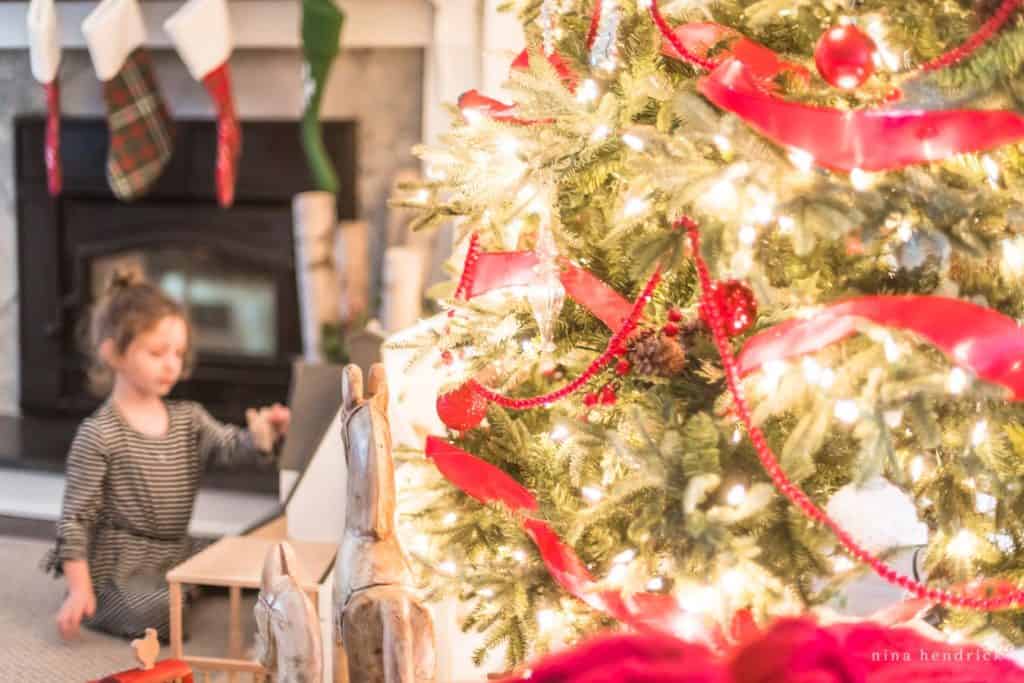 Red Nostalgic Christmas Tree in a Classic Family Room