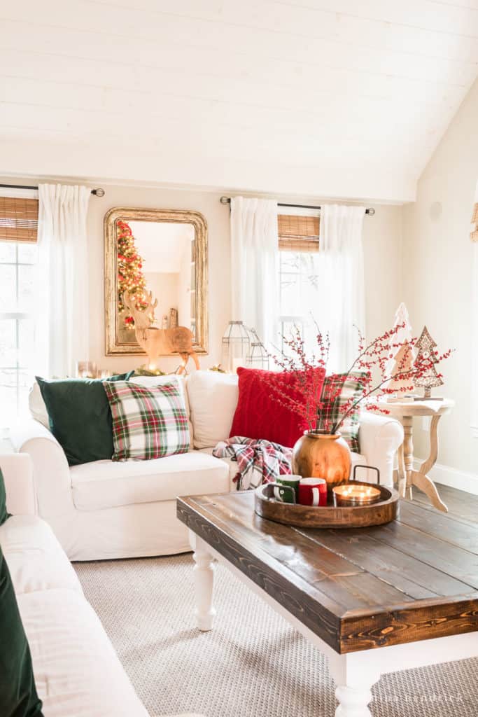 Family Room Decorated for Christmas with traditional and classic red and green