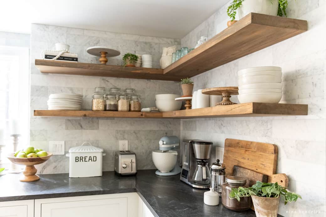 Corner open shelving in a kitchen makeover