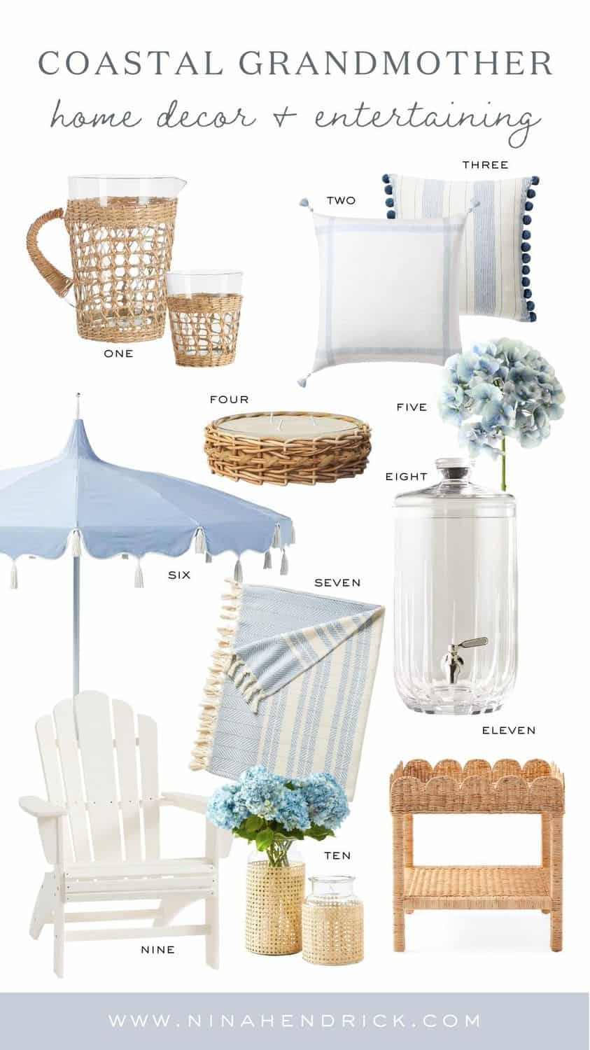Round up of product images showing Coastal Grandmother style home decor and entertaining pieces like hydrangeas and rattan pieces