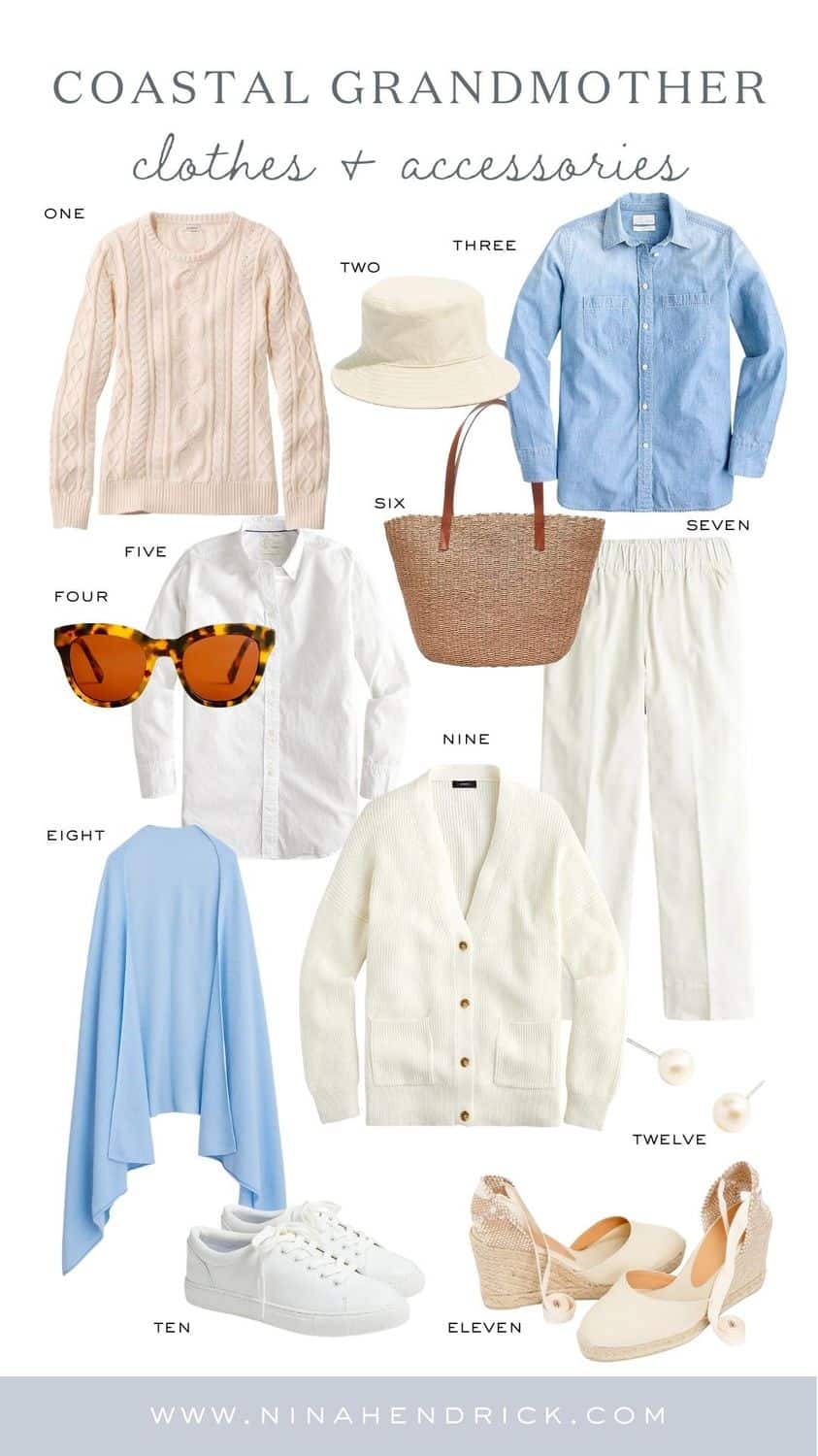 Product roundup mood board of Coastal Grandmother style clothing and accessories