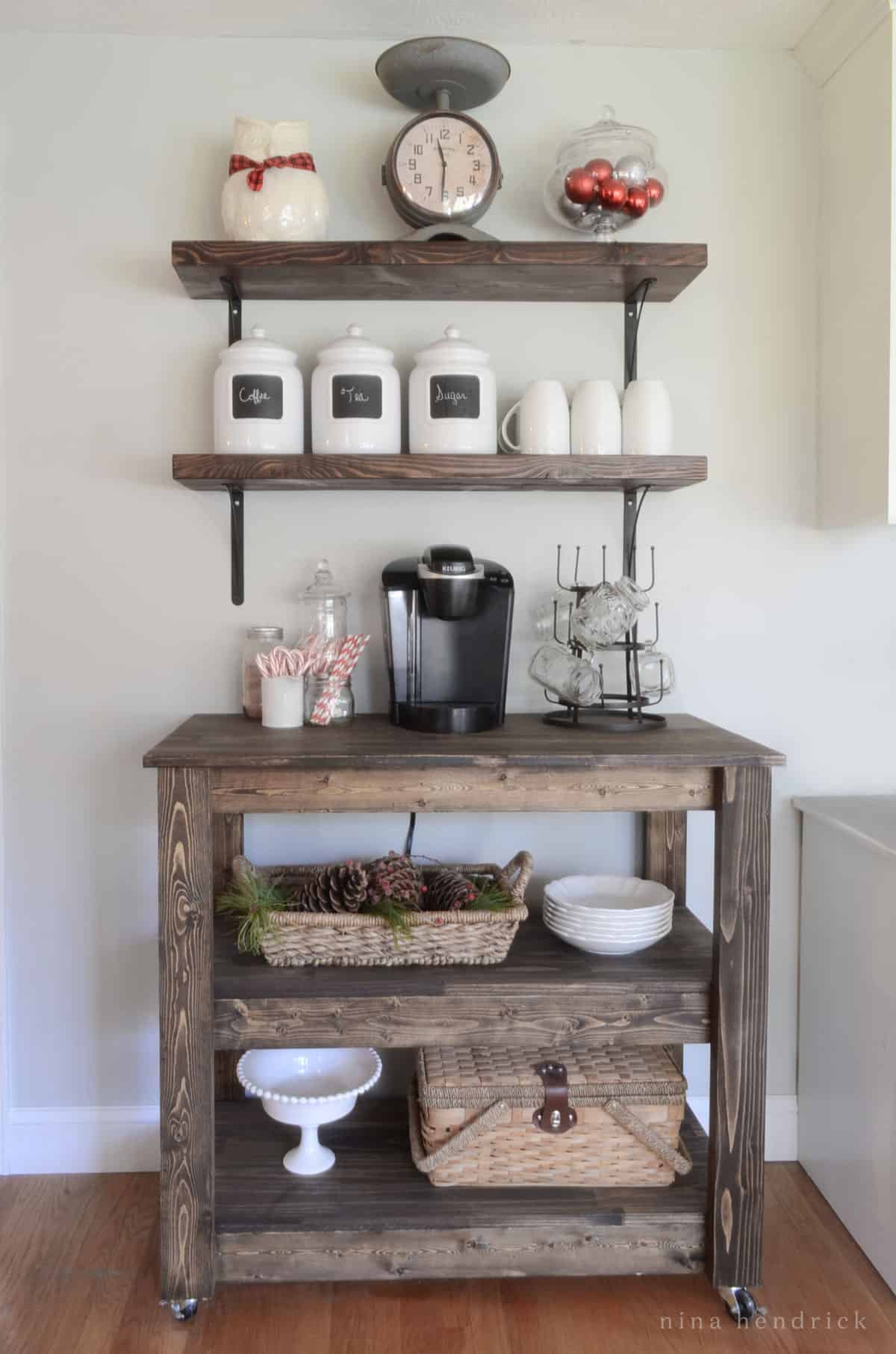 Rustic DIY coffee bar cart with wooden shelves
