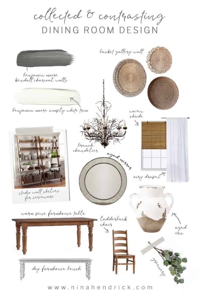 See the inspiration behind a Collected and Contrasting Dining Room Design. This room features a bold wall color, antique finishes, and a ton of texture.