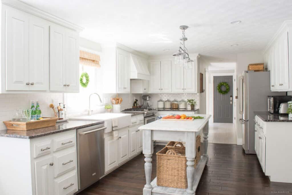 White painted kitchen with DIY Kitchen Island