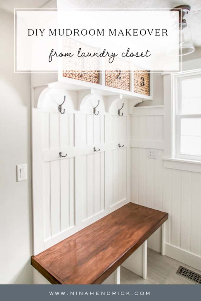 Pinterest Graphic with text: DIY Mudroom Makeover from laundry closet