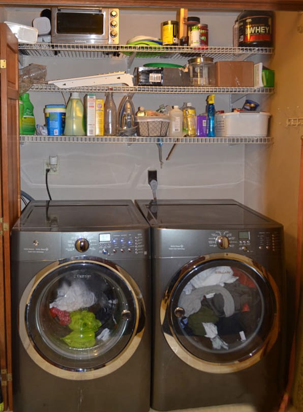 Before photo of laundry closet transformed to mudroom makeover.
