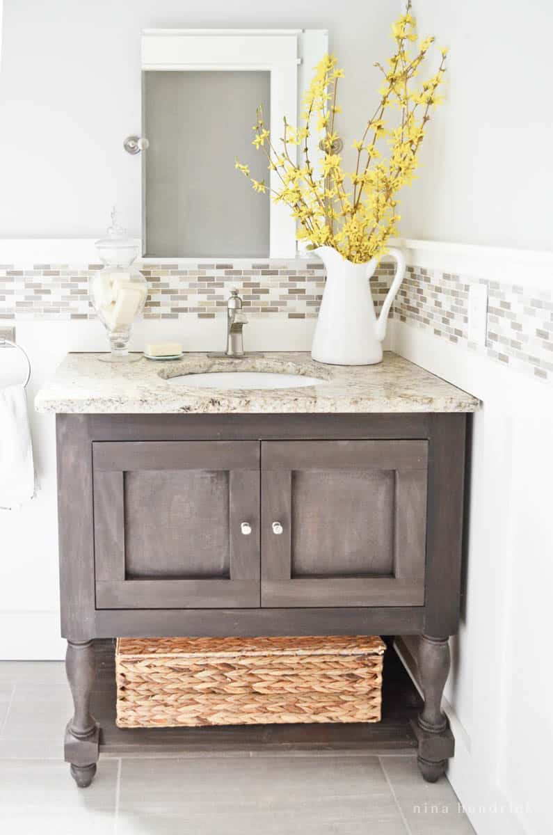 DIY Bathroom Vanity with yellow branches