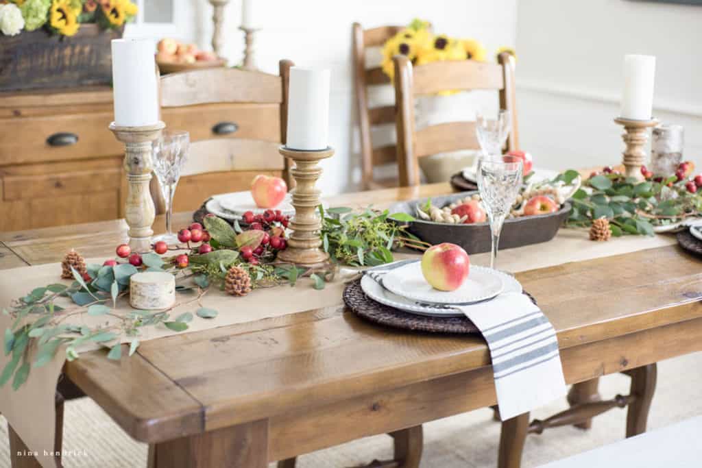 Early fall tablescape with crabapples and eucalyptus
