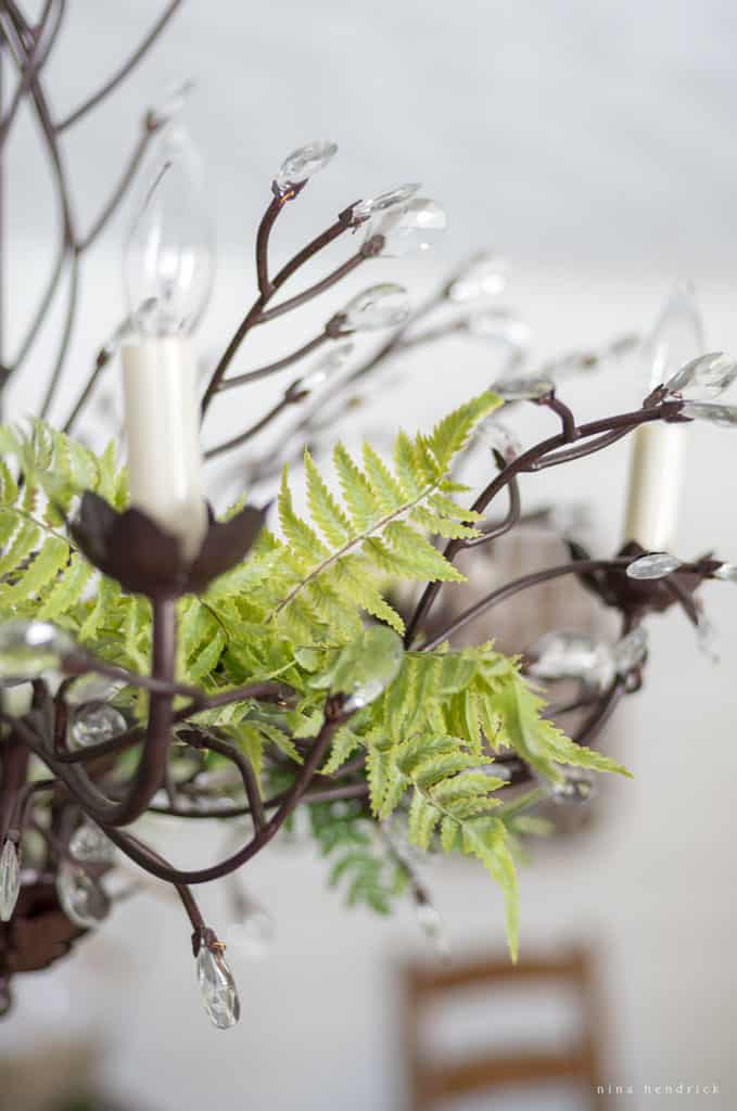 Chandelier with ferns as accents to add a touch of spring. 