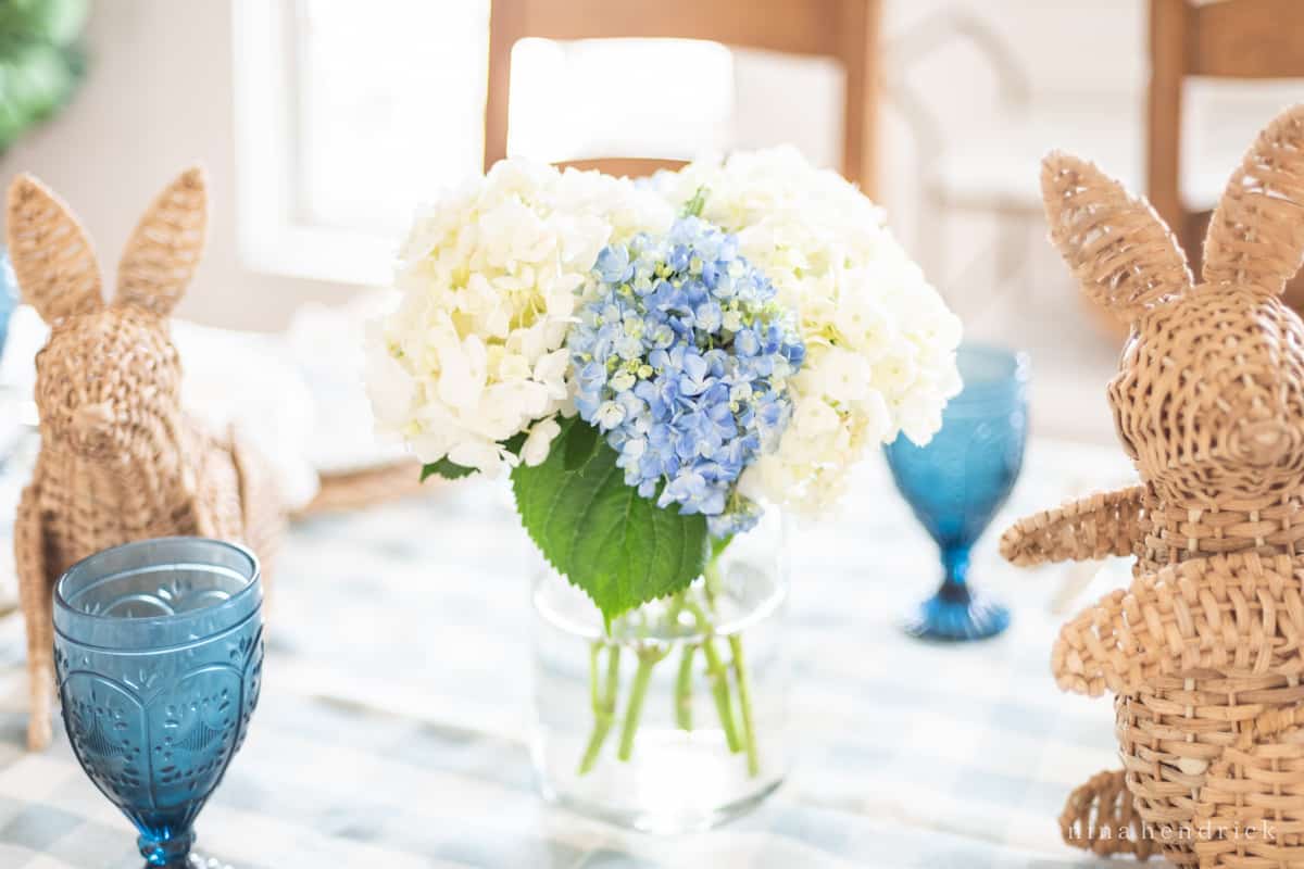 Blue hydrangeas on a spring table.