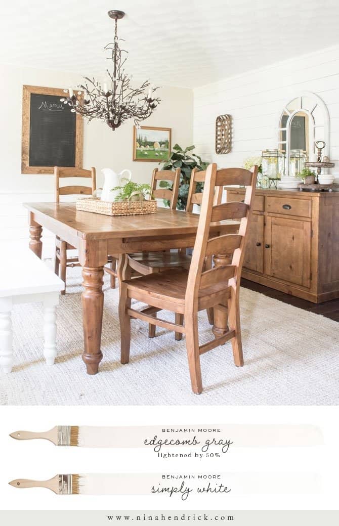 Dining room painted Benjamin Moore Edgecomb Gray lightened by 50% with a Simply White planked wall and trim