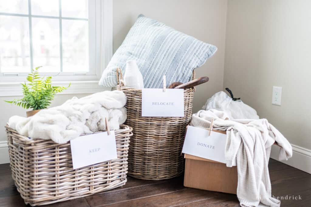 Keep, Relocate, Donate boxes to help you declutter your home