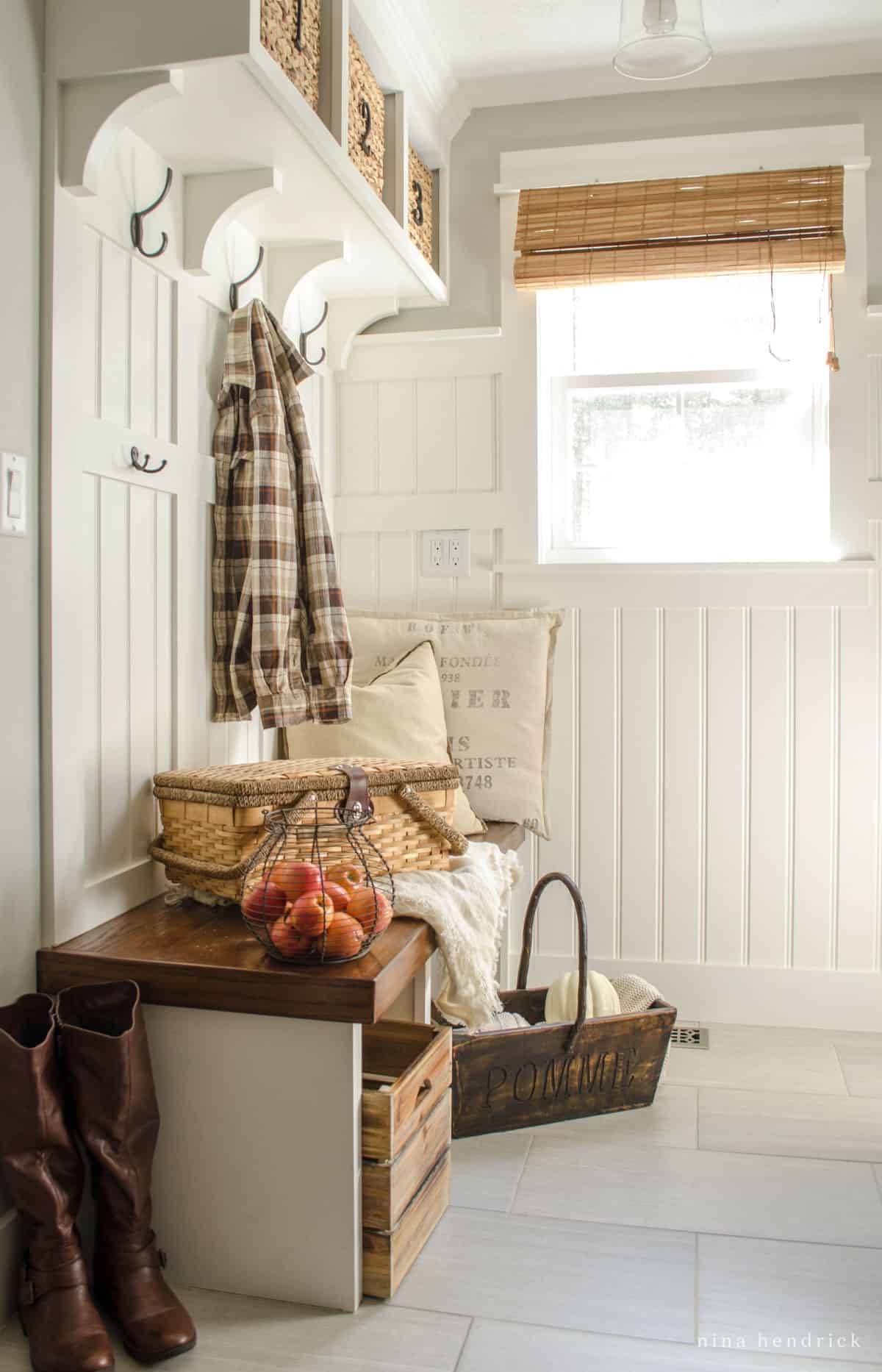 A mudroom with fall decor ideas.