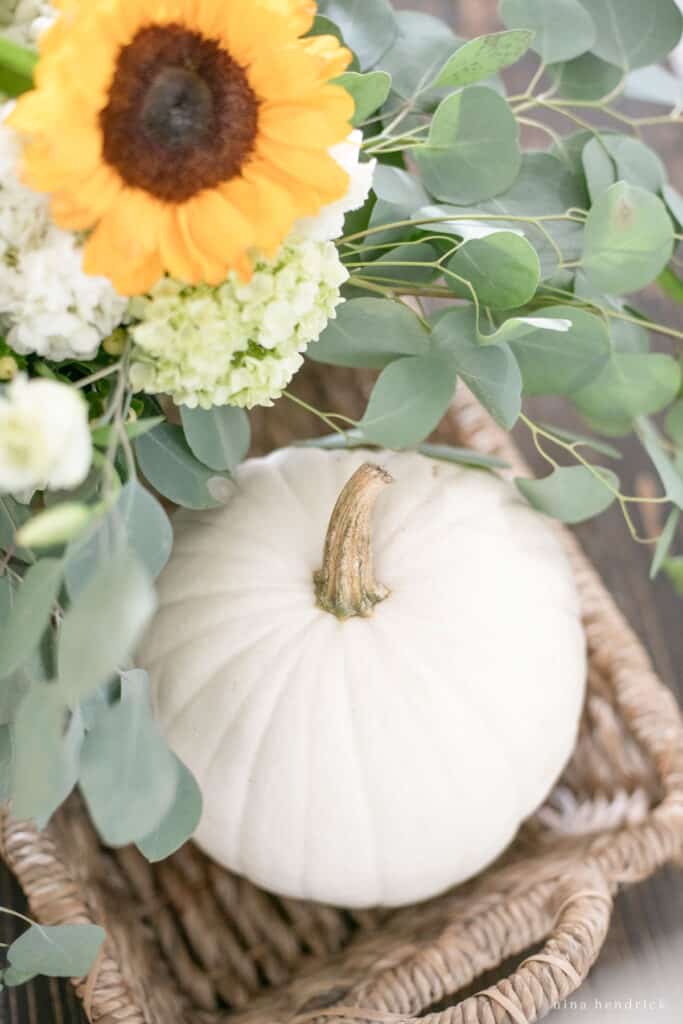 A white pumpkin sits in a wicker basket on a coffee table.