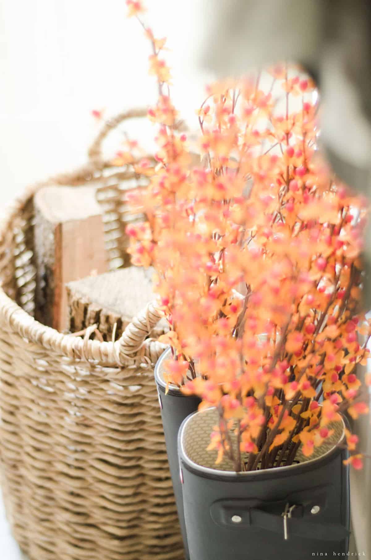 A wicker basket filled with firewood and autumn bittersweet berries.