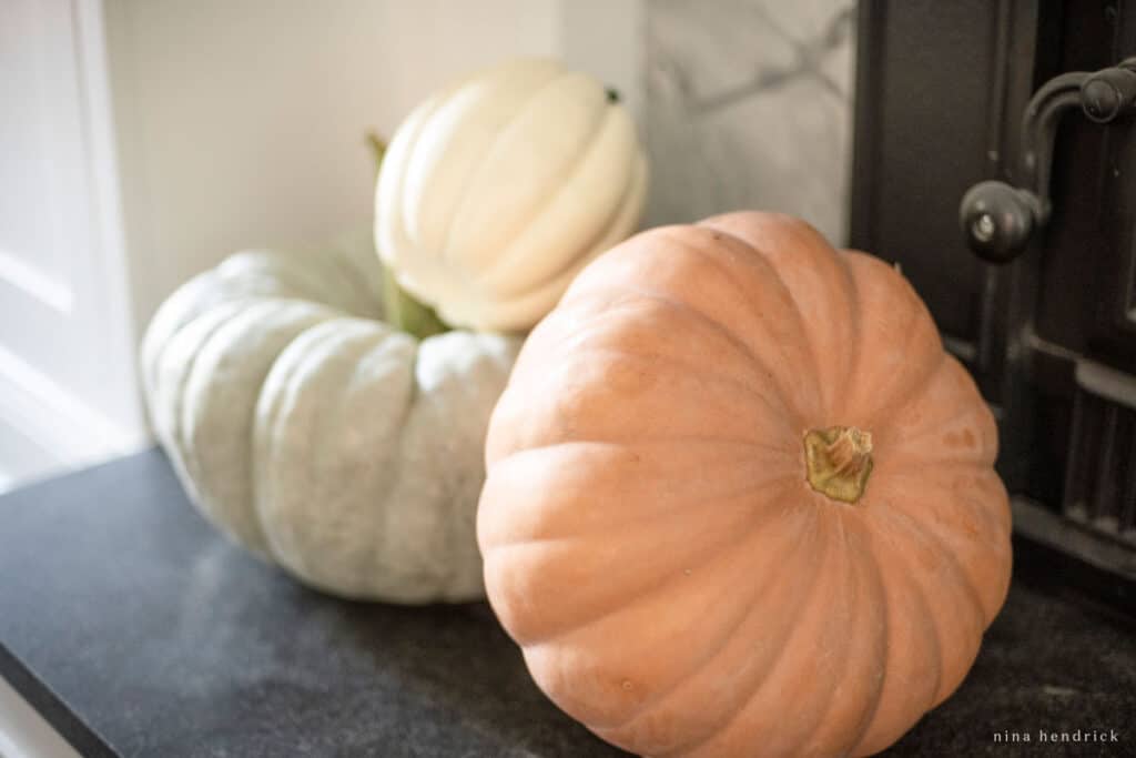Fall home tour featuring two pumpkins on a hearth in front of a fireplace.