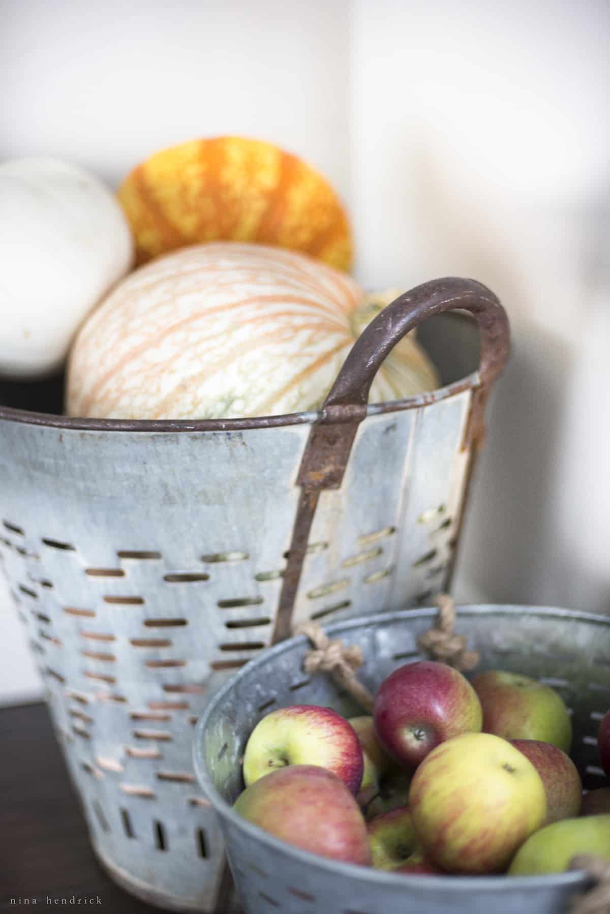 A bucket of fruit and vegetables.