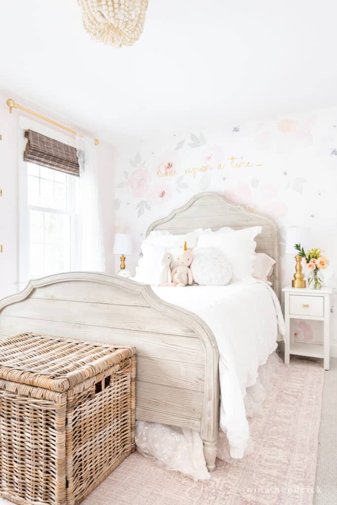 Fairy Tale Blush Floral Girl room Makeover with watercolor wallpaper