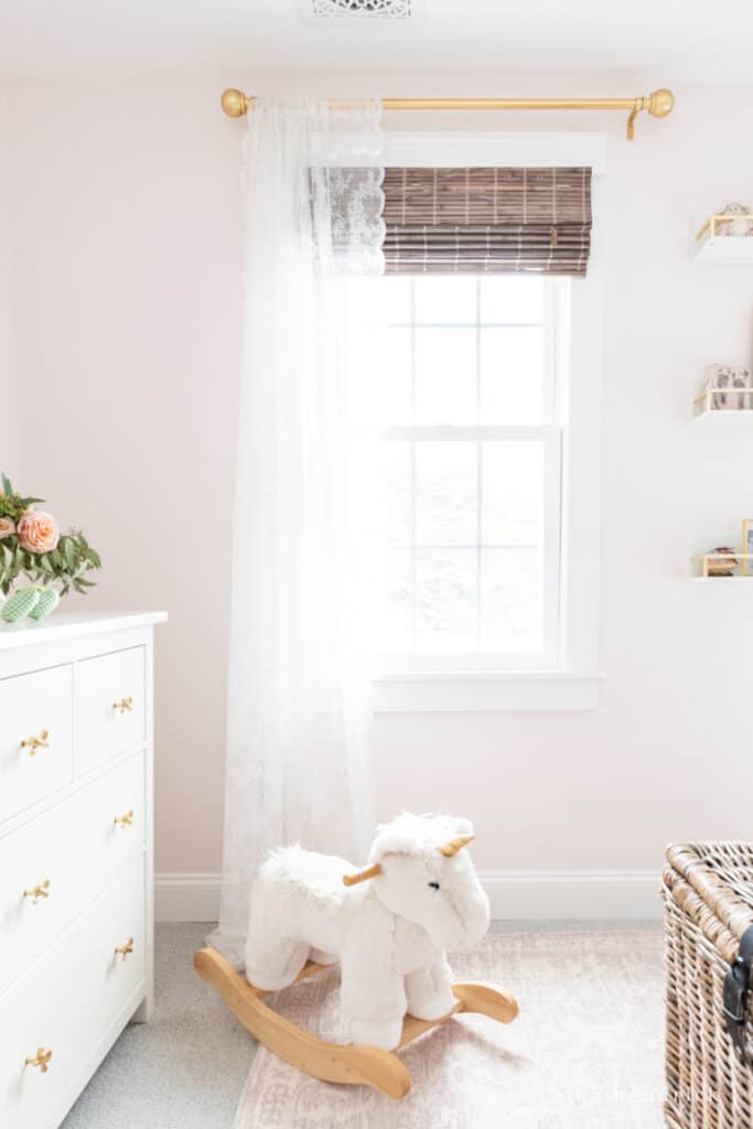 Fairy Tale Blush Floral Girl room Makeover window treatments with a rocking unicorn