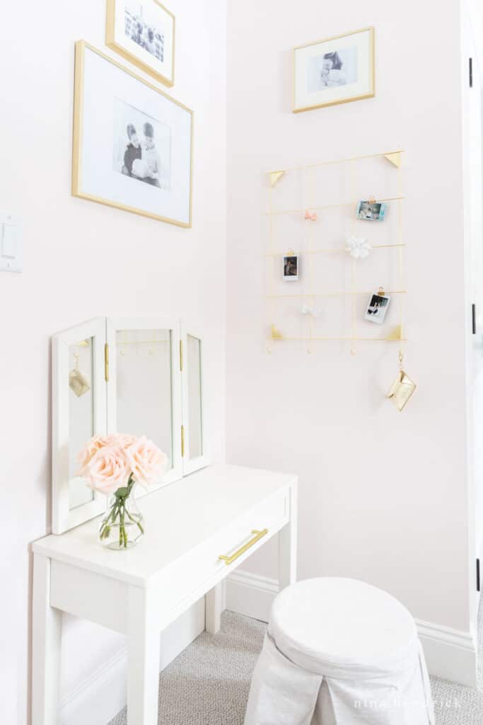 Fairy Tale Blush Floral Girl room Makeover with vanity and gallery wall