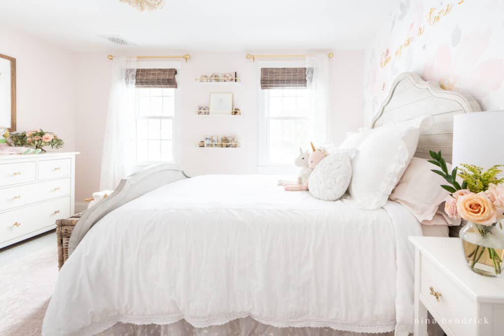 Fairy Tale Blush Floral Girl's room Makeover with roses and bright windows