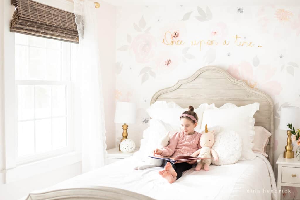 Blush Floral Girl's room makeover with watercolor wallpaper