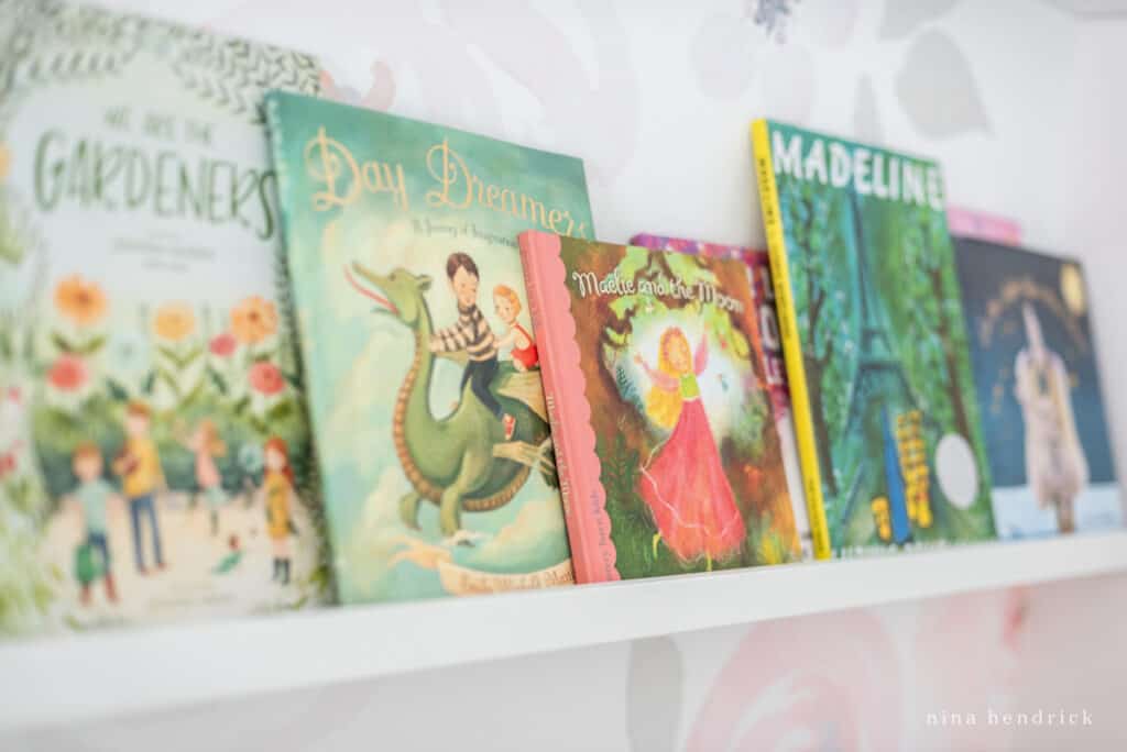 Fairy Tale Blush Floral Girl room Makeover library on book ledge