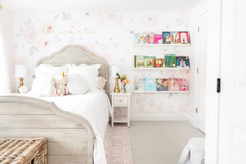 Fairy Tale Blush Floral Girl room Makeover with book ledge library